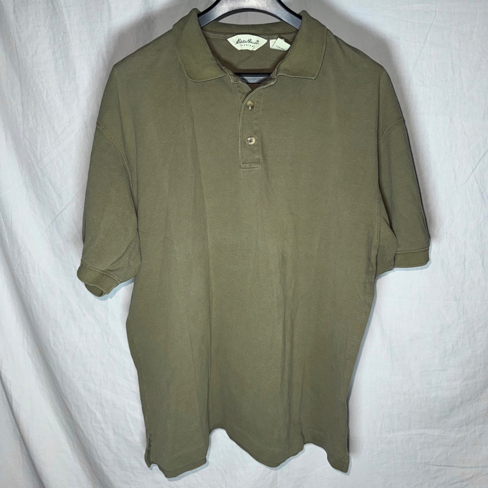 Vintage Eddie Bauer Mens Olive Green Short Sleeve Pique Cotton Polo Shirt Size L